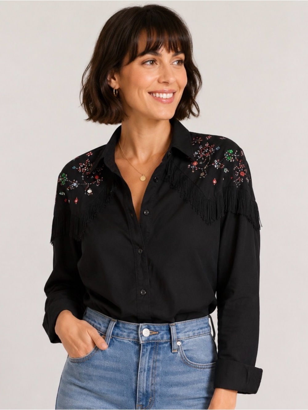 Southwest Canyon Embellished Fringe Western Shirt Black Size L
